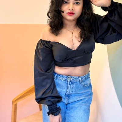 Women Satin Black Top with Back Smocking